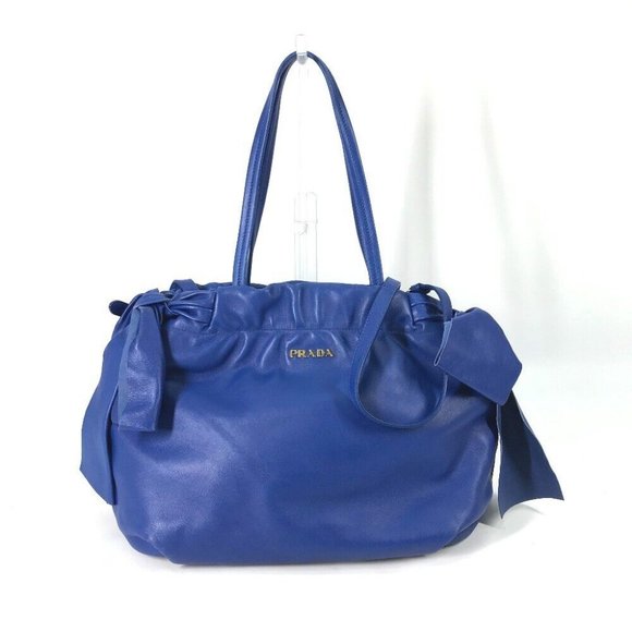PRADA Logo Crossbody ribbon 2WAY Shoulder Bag Bag Tote Bag Hand Bag Leather blue - Picture 1 of 16